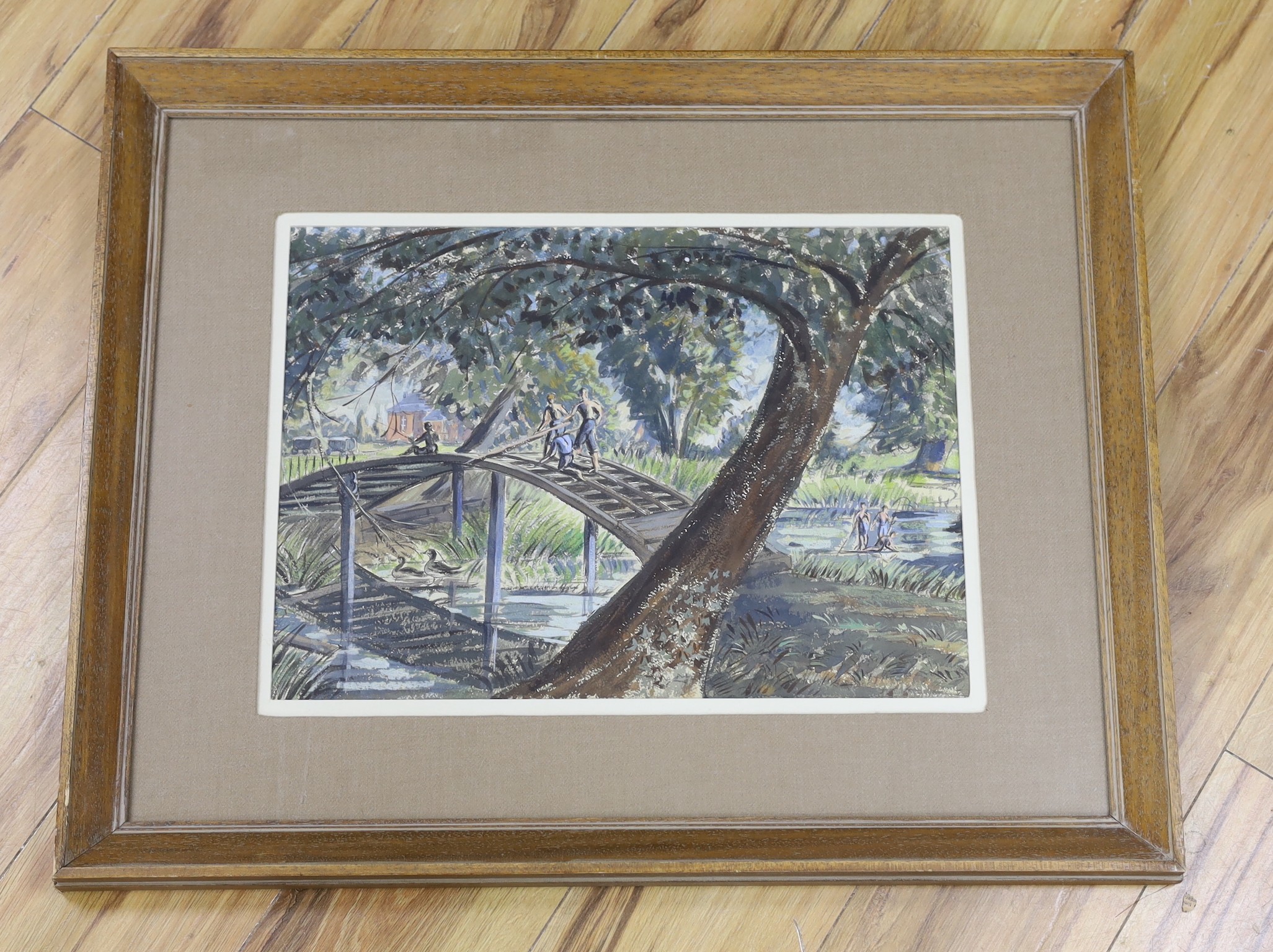 Modern British, ink and watercolour, River landscape with figures on a footbridge, 34 x 47cm